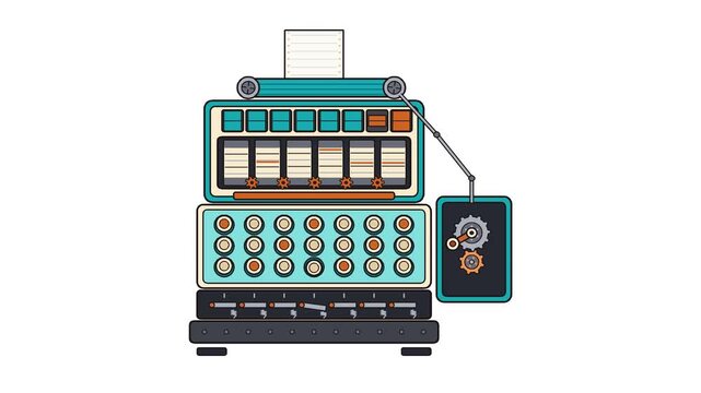 Retro Mechanical Calculating Machine Rotating Number Wheels Keys Transfer Gears Seamless Loop Flat Vector Animation High Quality Professional