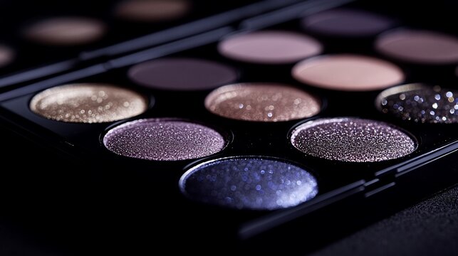 Shimmering eyeshadow palette close-up, dark background, beauty, makeup
