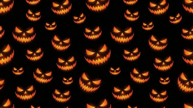 Seamless pattern of glowing spooky jackolantern faces on a black background for halloween