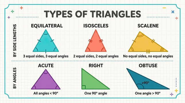 Types of triangles educational chart showing geometric shapes and side length definitions