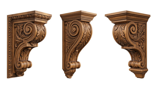 Three ornate wooden corbels with intricate acanthus leaf carvings and scroll details, isolated on a white background, for architectural use