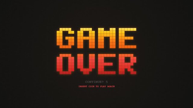 Seamless loop animation of retro 8-bit arcade Game Over typography with burning yellow red fire gradient on black background.