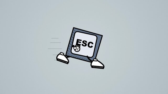 Seamless loop animation of 1930s rubber hose cartoon mascot computer ESC key running and escaping with cartoon gloves and sneakers in 4K.