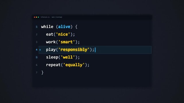 Seamless loop animation of code editor syntax while (alive) lifestyle loop with eat, work, play, sleep functions and glowing active execution line in.