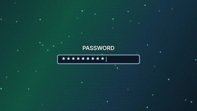 Seamless loop animation of cybersecurity password field with typing asterisks, blinking cursor and constellation network background in 4K.
