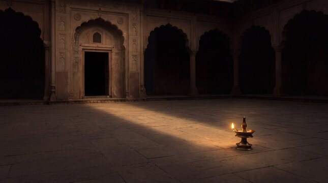 Traditional brass oil lamp glowing on stone floor inside historical palace courtyard during sunrise