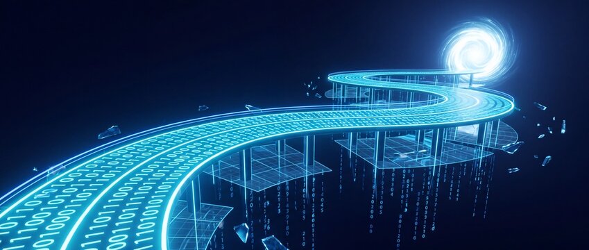 Digital highway road made of binary code leading to glowing portal in cyber space