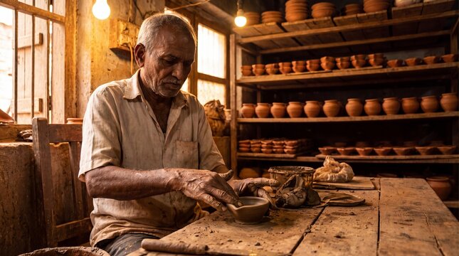 Elderly artisan crafting traditional clay pottery inside rustic workshop with wooden shelves filled with earthenware