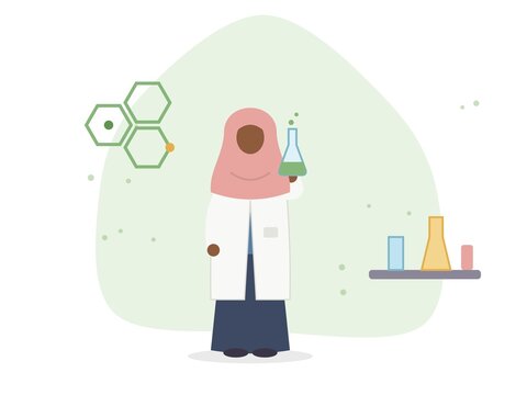 Muslim woman scientist in hijab and lab coat holding flask, flat science illustration