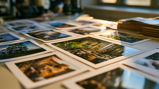 A collection of vibrant photographs displayed on a table, capturing moments and memories