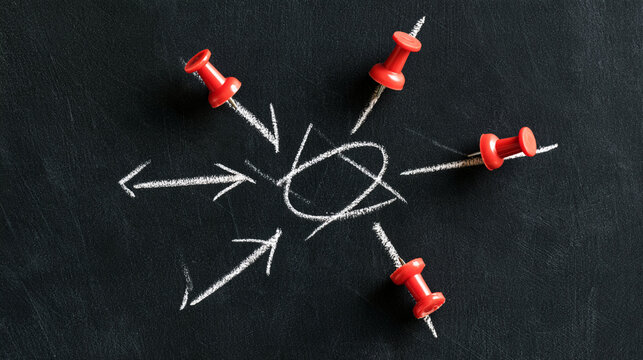 A conceptual image featuring red pushpins on a chalkboard, illustrating direction and focus. Perfect for themes of planning, strategy, and organization in a business context.