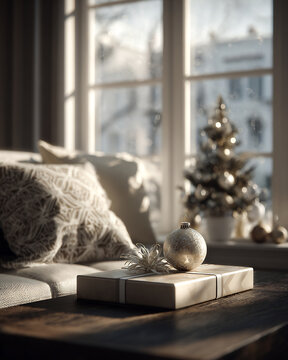Wrapped gift with golden ornament sits on wooden coffee table