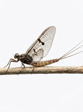 Detailed Macro Photography of a Mayfly Insect Perched on a Dry Branch Isolated on White Background