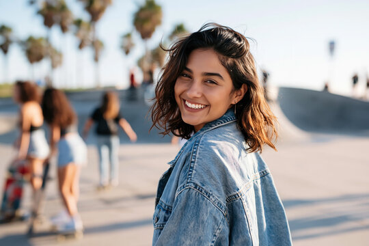 Latina hispanic girl wearing washed denim jacket, smiling with 90s grunge style fashion