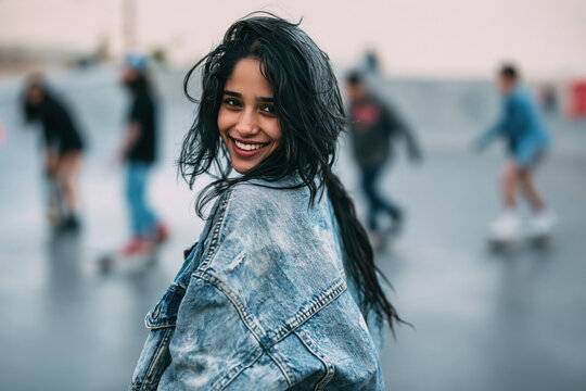 Indian girl wearing washed denim jacket, smiling with 90s grunge style fashion