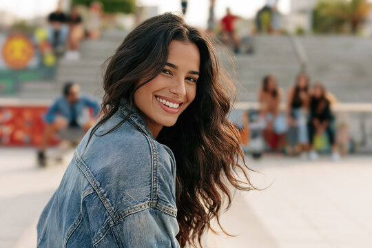 Latina hispanic girl wearing washed denim jacket, smiling with 90s grunge style fashion