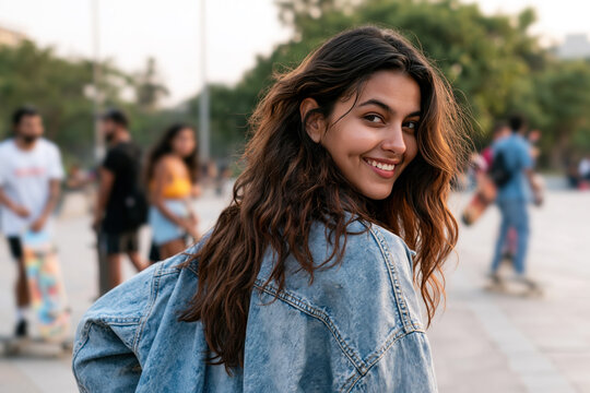Indian girl wearing washed denim jacket, smiling with 90s grunge style fashion