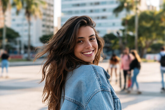 Latina hispanic girl wearing washed denim jacket, smiling with 90s grunge style fashion