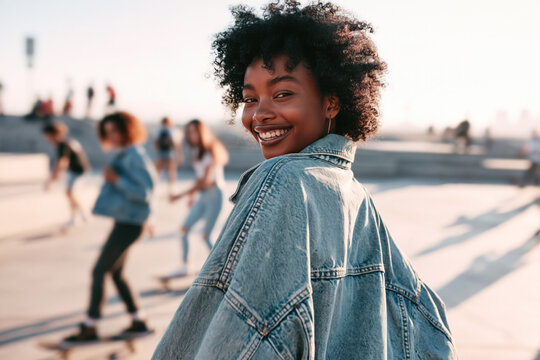 Afro girl wearing washed denim jacket, smiling with 90s grunge style fashion