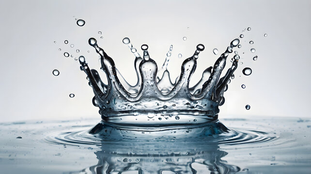 Water drop splash forming crown shape with droplets and ripples on light gray background