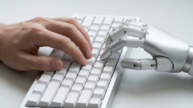 Human hand and robot hand typing on keyboard showing workforce and automation collaboration in technology