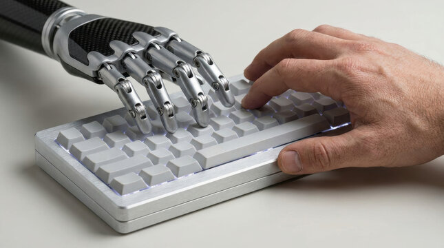 Human hand and robotic hand typing on keyboard showing workforce collaboration with automation in technology and future work