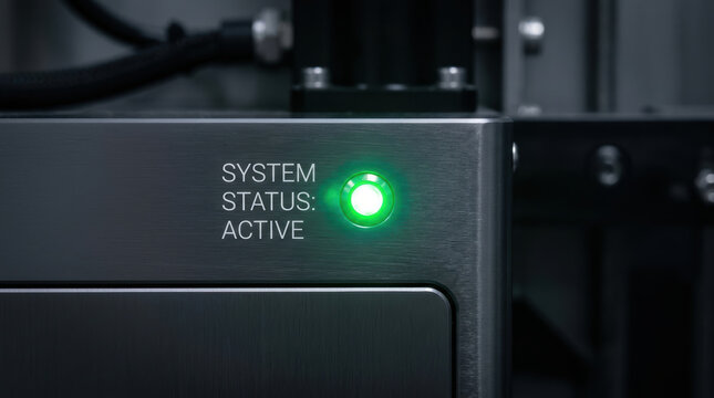 System status active light on metal machine indicating automation in workforce environment