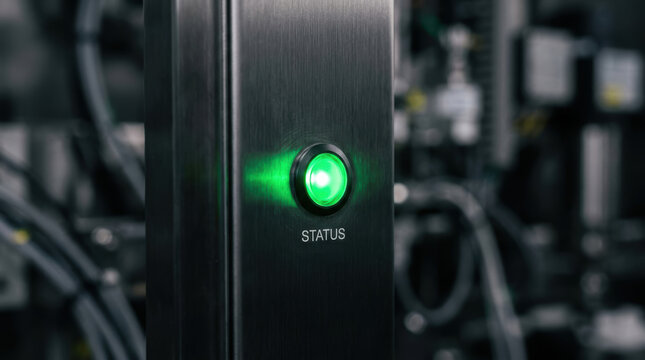 Green status light on metal panel indicates active automation in workforce environment with industrial machinery and technology control system
