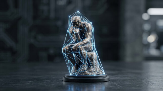 Thinker statue surrounded by digital network lines symbolizes workforce and automation integration in modern technology and innovation
