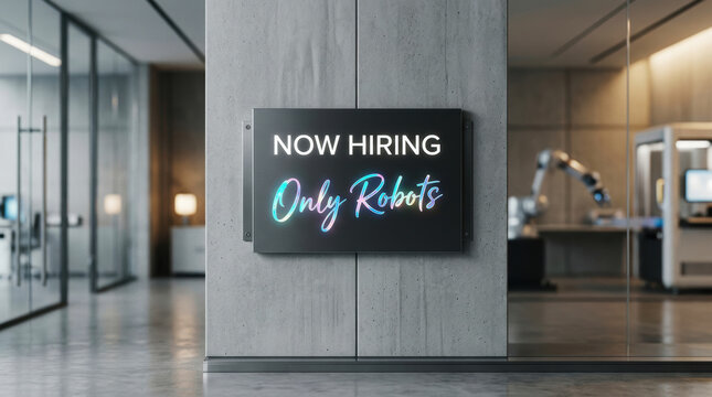 Now hiring sign in modern office with automation robot arm showing workforce shift to robotic labor in industrial environment