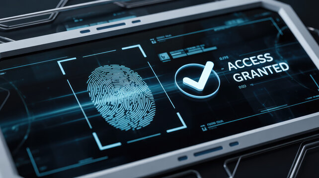 Fingerprint scan on digital tablet display showing access granted, blue neon technology interface for cyber security and biometric authentication