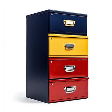 A set of four small file cabinets, in navy blue, red, yellow, and black colors, isolated on a white background.