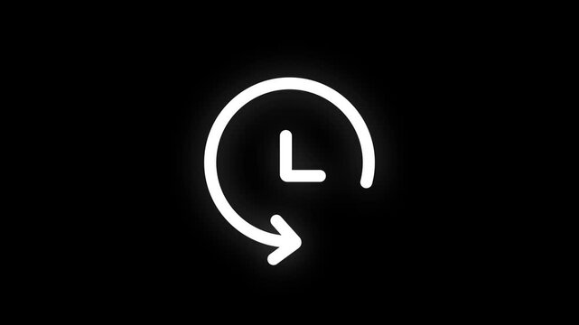 Animated white glowing clock icon with circular arrow on black background, time history rewind and refresh concept