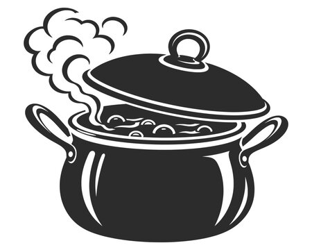 Black and White Cooking Pot with Lid and Rising Steam Kitchen Vector Illustration.