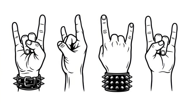 Set of Rock On Hand Gestures with Spiked Wristbands, Heavy Metal Horns Sign Vector Illustration for Music and Concerts