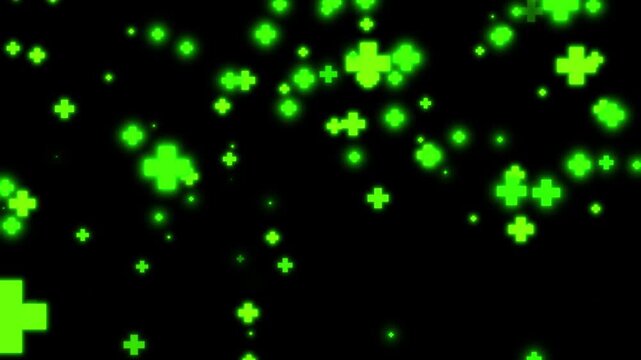 Green cross animated health particles glowing and falling down in smooth seamless loop motion on 4k black screen background.