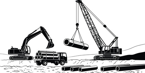 Industrial pipeline construction site vector illustration displaying lattice boom crawler crane lifting metal pipe near excavator and cargo delivery truck. © MdAnarulIslam