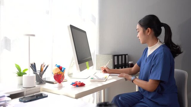 Young Nurse Working on Computer: A focused young female nurse in scrubs works diligently at her desk on a computer, reviewing medical information and perhaps charting patient data.