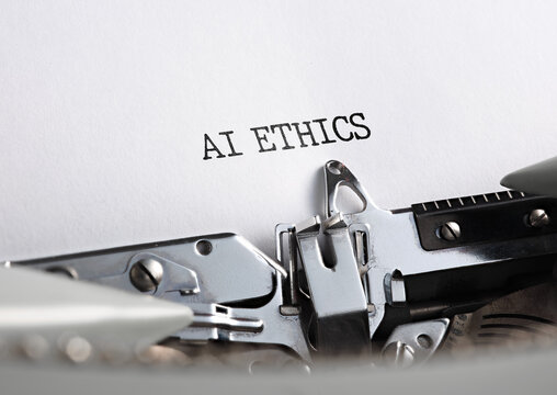 AI Ethics text typed on a vintage typewriter, symbolizing artificial intelligence regulation, policy, and moral standards.