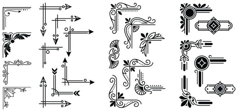 Black art deco corner border collection offers geometric arrow elements for vintage minimalist design layouts.