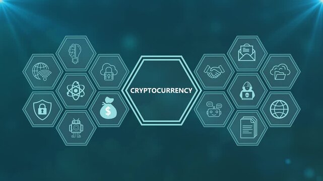 Cryptocurrency and blockchain network concept with digital data icons glowing on abstract tech background