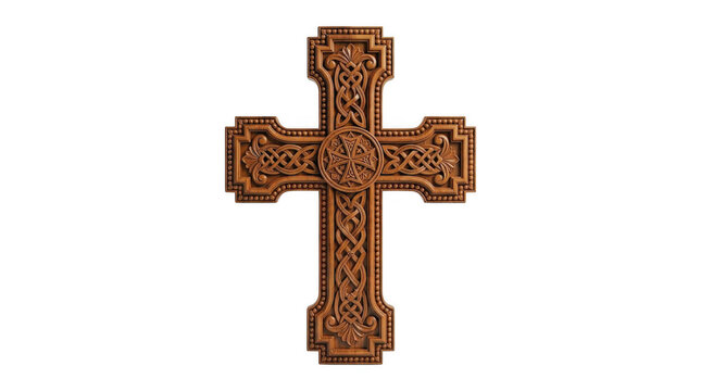 Intricately carved wooden armenian cross with detailed celticstyle knotwork patterns isolated on transparent background