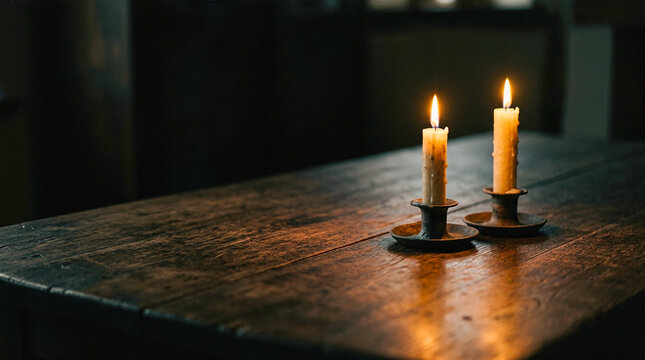 two glowing tall wax candles held in vintage metal holders burning on rustic dark wooden table inside moody dimly illuminated room