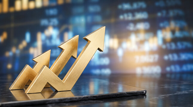 Golden financial growth arrows pointing upward standing on reflective surface against blurred stock market exchange trading data screen board background