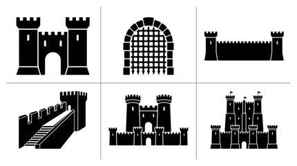 Castle silhouettes set with gate, wall and fortress icons for medieval history or fantasy design © Ayush