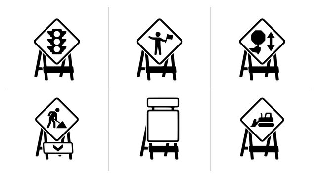 Road work signs silhouettes set with traffic light, flagman, stop and go, digging, and bulldozer for safety and signage