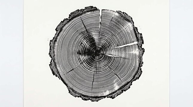 Black and white woodcut print of a tree stump cross section showing annual growth rings isolated on white background
