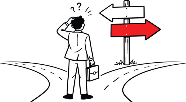 Confused Businessman Standing at Crossroads with Red Direction Arrow Signpost Black and White Line Art Illustration for Career Choices, Decision Making, Uncertainty and Business Strategy