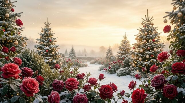 Red roses in winter garden during golden hour with frosted evergreen trees