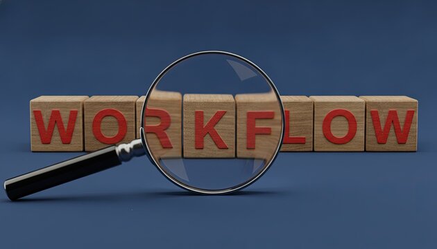 Magnifying glass focuses on wooden blocks spelling out the word workflow on a deep blue surface representing process and optimization efforts.